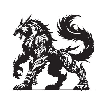 Norse wolf Fenrir silhouette, son of Loki and devourer of gods - Fenrir illustration - Fenrir vector - mythical creature silhouette
