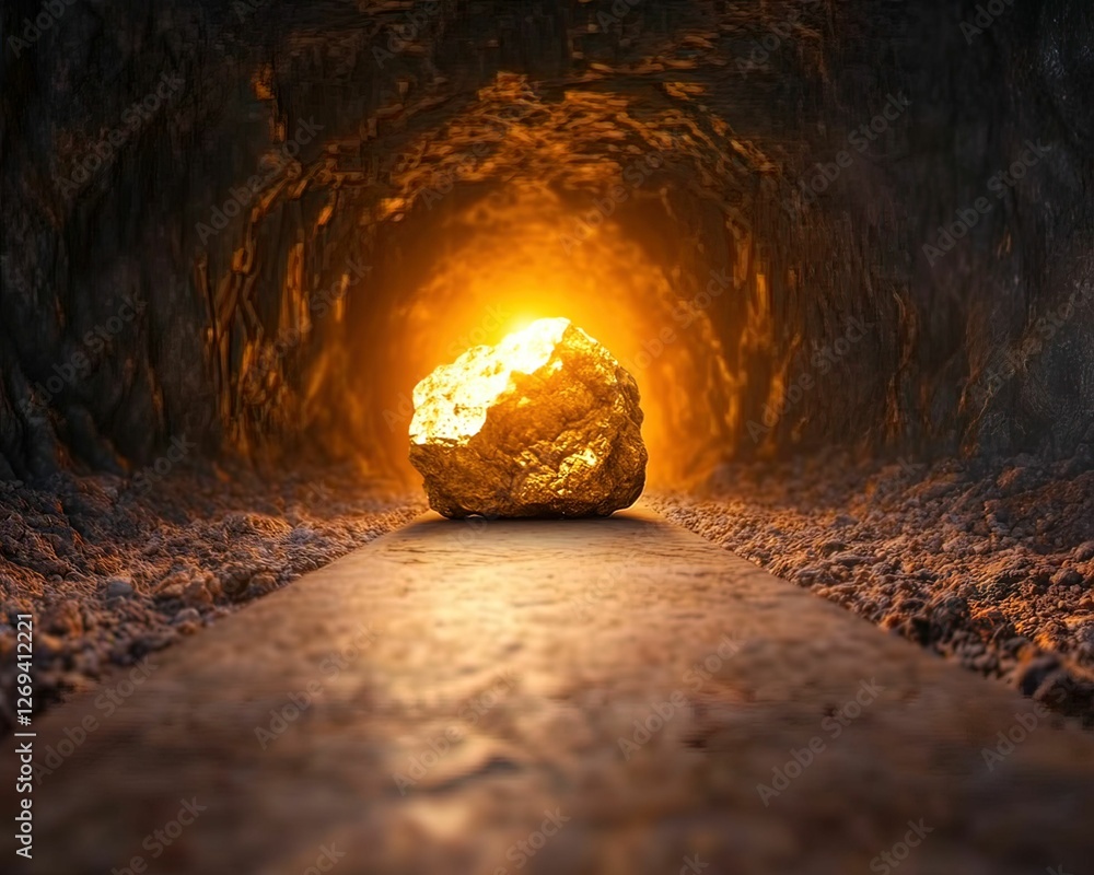 Poster a glowing gold rock sits at the end of a dark tunnel, illuminated by a warm light, creating an encha