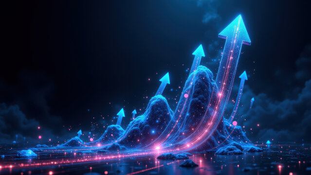 Dynamic visual metaphor for financial or corporate success with a streak of light and multiple upward-pointing arrows.