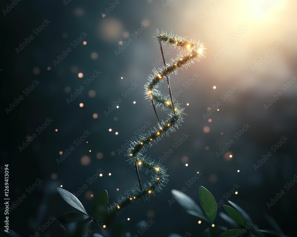 Poster a glowing spiraled vine surrounded by soft light and floating particles in a mystical forest setting