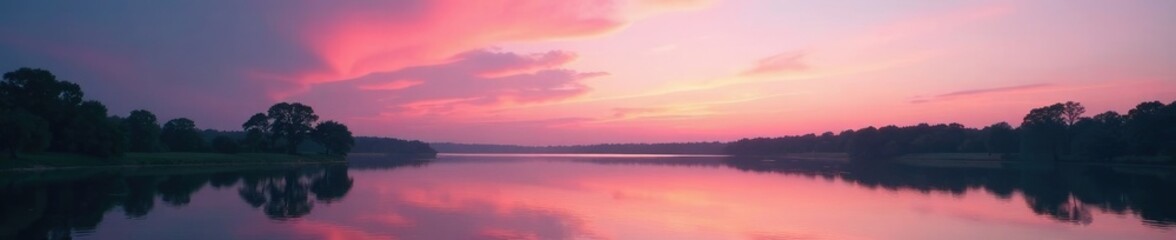 Fototapeta premium Soft pastel colors in the Texas sky at dusk with a large lake in the foreground, water, colors