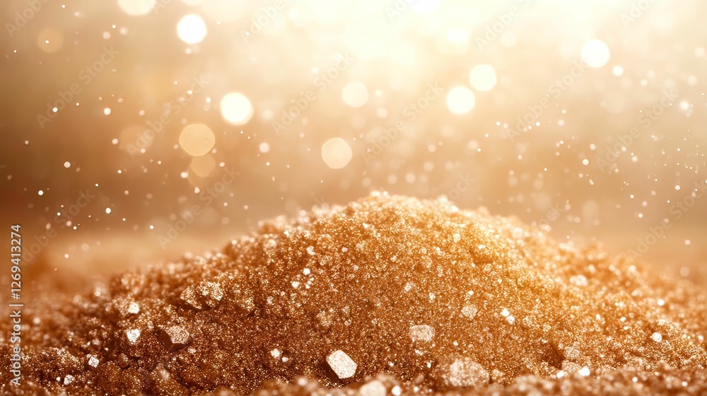 Poster a close-up of sparkling golden sand, illuminated by soft light, creating a warm and inviting atmosph
