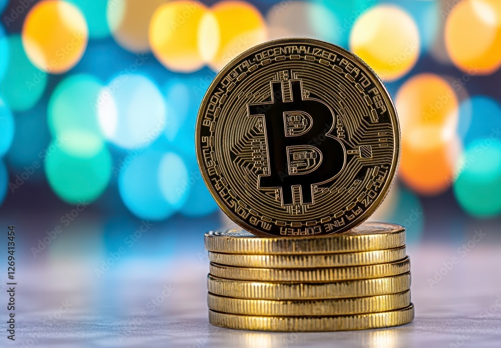 Poster close up view of a digital currency coin positioned atop a stack of similar coins, set against a blu