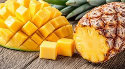 Close up view of diced mango and a halved pineapple on a rustic wooden surface. The vibrant yellow and golden hues of the fruit are prominent, with