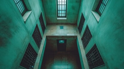 Obraz premium Dark teal building interior, high-angle view, central door, barred windows, design
