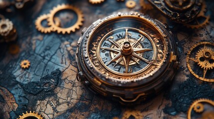 Naklejka premium Craftsmanship and exploration depicted through a vintage compass on an aged map with intricate gears
