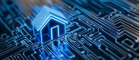 A glowing blue digital house icon rests on a circuit board, illustrating smart home technology and digital connectivity. This futuristic concept