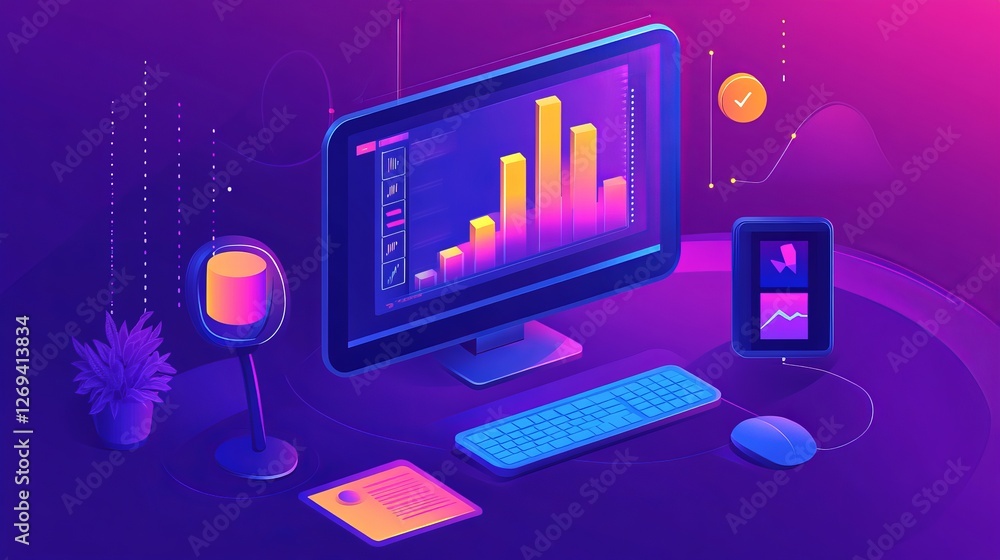 Poster business visual data analyzing technology with advanced computer software interface, showcasing digi