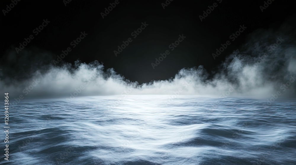 Poster a serene ocean scene with gentle waves under a dark sky, illuminated by a soft glow, creating a tran