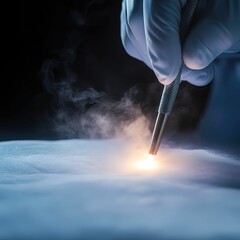 A close-up of a gloved hand using a tool that emits sparks and smoke, likely in a medical or scientific context.