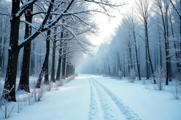 Naklejka premium Frosty forest landscape with snowdrifts and bare trees, serene, bare
