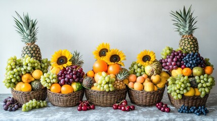 Colorful fruit baskets with sunflowers, gift, studio
