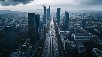 Obraz premium Aerial view of a city's wide avenue lined with skyscrapers under a cloudy sky.