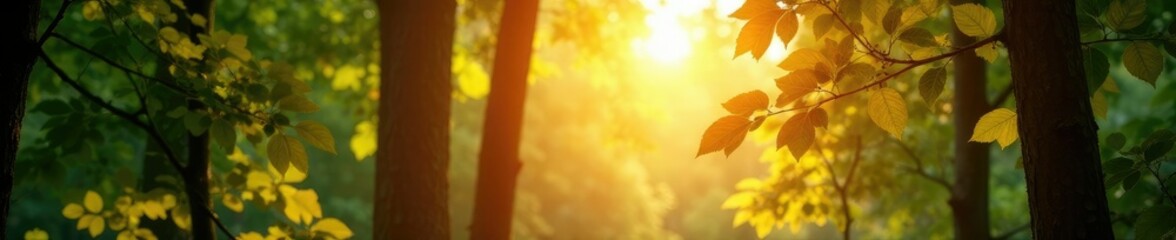 Fototapeta premium Soft golden light filter through forest canopy, foliage, tree leaves