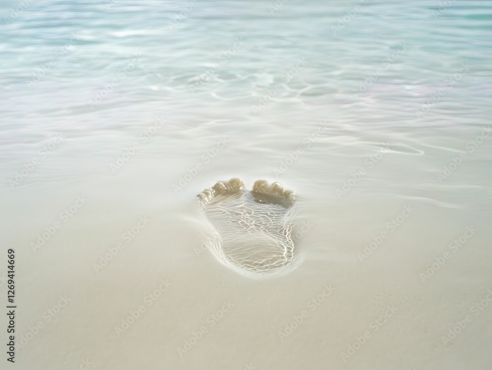 Poster a single footprint is partially submerged in calm, clear water, revealing a serene beach scene with 