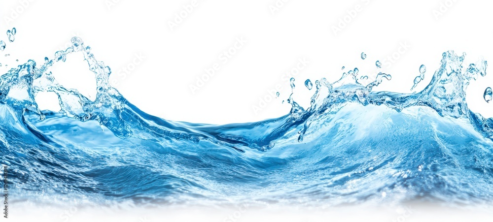Poster dynamic blue water wave with splashes against a white background. the image shows a close up of a wa
