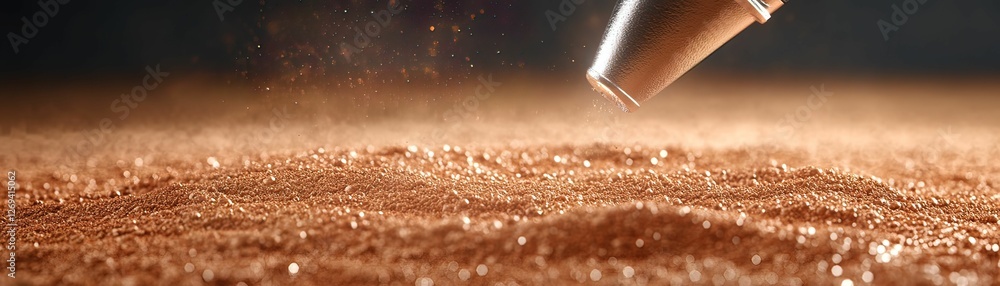 Poster a close-up view of a metallic nozzle emitting fine particles onto a textured surface, creating a shi