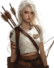 Skilled Archer with Pale Hair Wearing Leather Armor Holding Arrows and Bow Ready for Battle Action