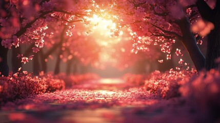 Blossoming cherry trees lining a tranquil path in a serene park during springtime sunset