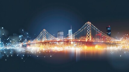 Obraz premium A stunning nighttime view of a city bridge illuminated with vibrant lights, reflecting a modern urban skyline against a dark background.