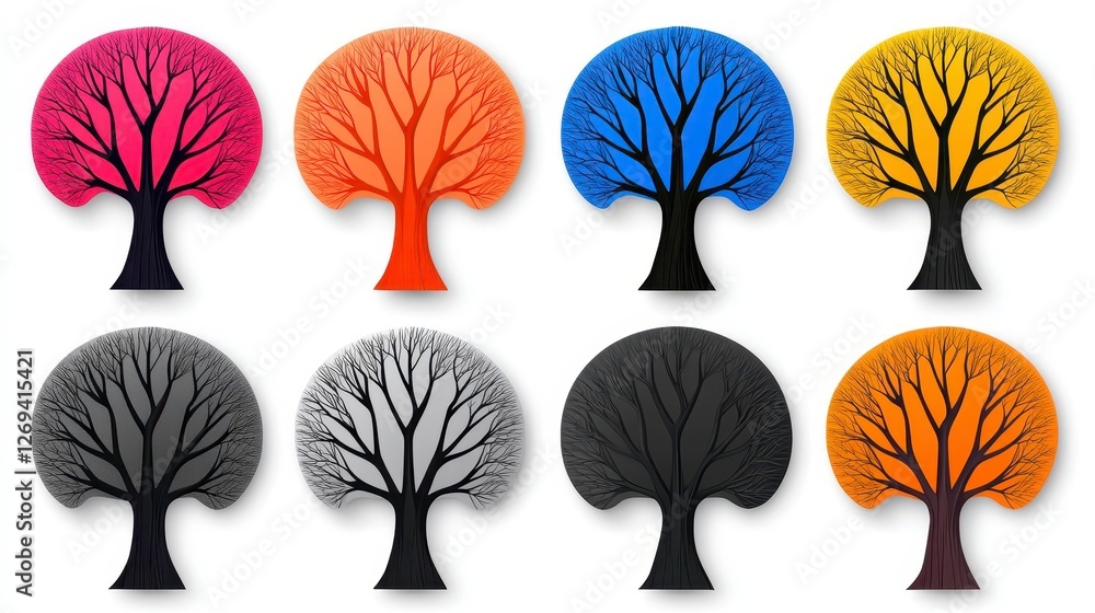 Poster eight stylized trees in various colors against a white background. the trees are depicted in a pixel