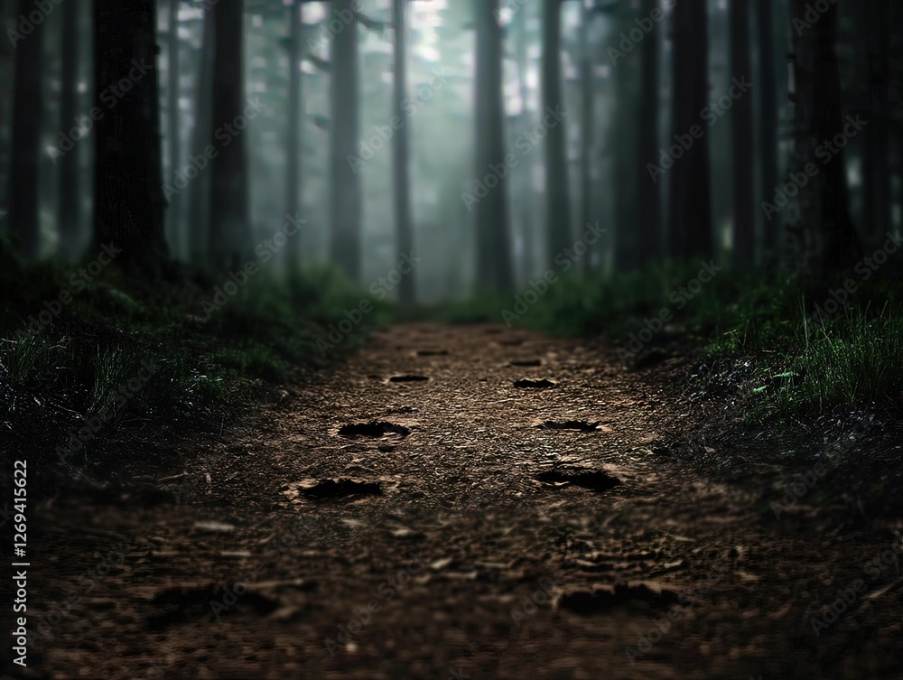 Poster a dimly lit forest path with animal tracks leading through tall trees, creating a mysterious and ser