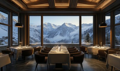 Fototapeta premium Luxury restaurant with beautiful snowy mountain view.