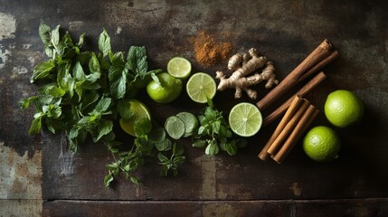 Fresh mint, limes, ginger, and cinnamon arranged on a rustic wooden surface for cooking preparations