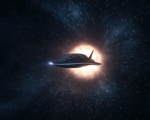 Obraz premium A sleek spaceship travels through the cosmos, illuminated by a radiant celestial body, creating an awe-inspiring scene of space exploration.