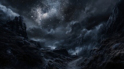 Obraz premium Solitary figure on a path through dark, mountainous landscape under a starry sky.