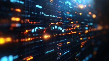 Data streams flow on digital screen, server room background, tech concept