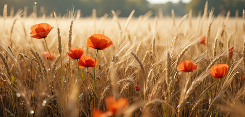Bright red poppies stand out against a backdrop of swaying golden wheat, illuminated by warm sunlight in a tranquil field during early morning hours