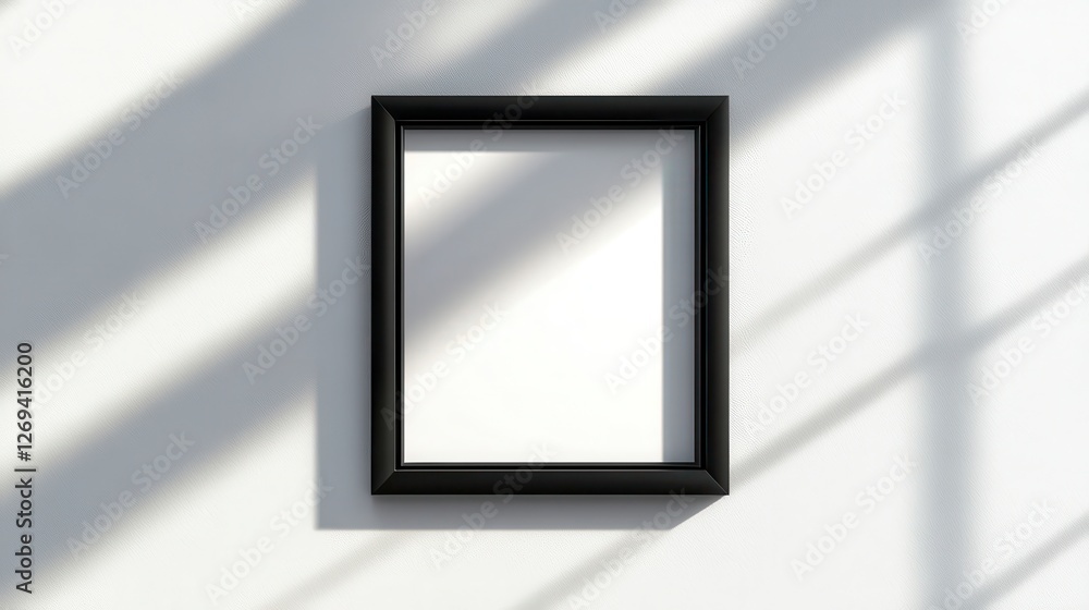 Poster empty black frame on a white textured wall with diagonal light and shadow patterns. simple, minimali