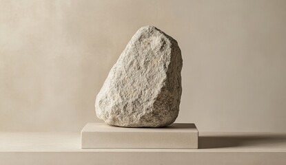 Stone sculpture on pedestal, minimalist beige backdrop