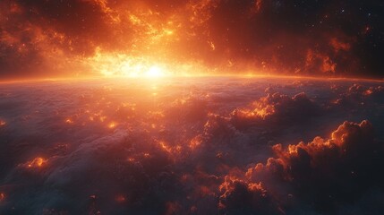 Obraz premium Fiery sunset over a cloudy planet, cosmic landscape.