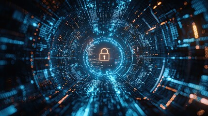 Digital background featuring pixelated padlock and data protection symbols on a blue digital screen, written in the center of a circular frame