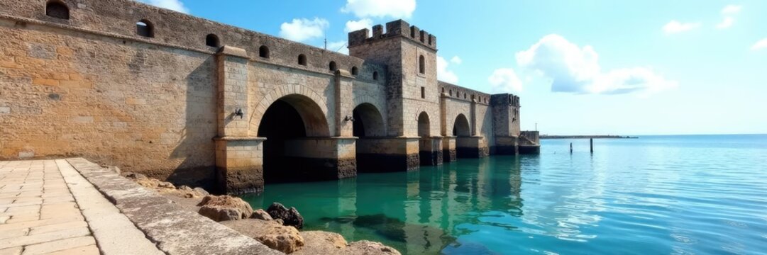 Muelle antiguo con cimientos de piedra y arcos, mar, historico, puerto