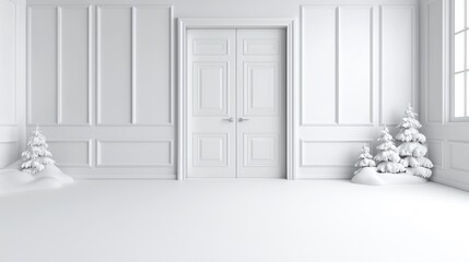 Empty White Room with Snow Covered Trees and Double Door