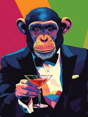 Sophisticated Monkey Enjoying a Cocktail in a Suit with Vibrant Abstract Background Design