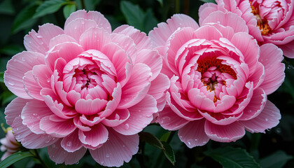 Vibrant pink peonies display their full petals, glistening with droplets of water, surrounded by rich green foliage in a peaceful garden during spring
