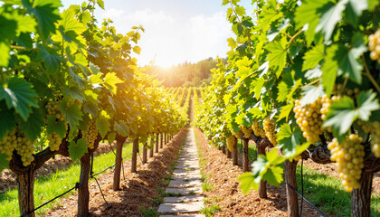 Lush vineyard path lined with grapevines and ripe grapes under a golden sunset