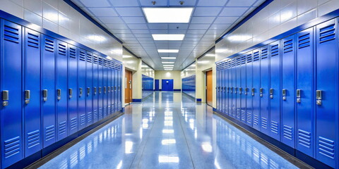 Row of blue lockers in a modern school corridor. Nobody inside