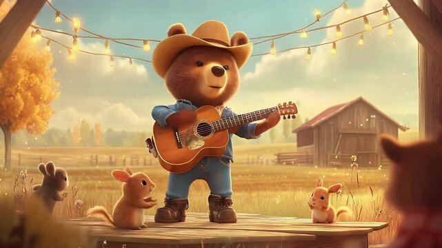 A country-style teddy bear plays the guitar on a barnyard stage, entertaining cute woodland animals. A charming rural scene perfect for fairytales, music, and storytelling