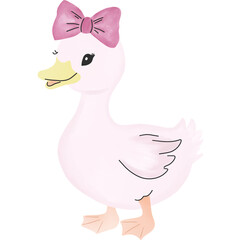 A cute pastel pink duck with a soft watercolor texture, wearing a large pink bow on its head.