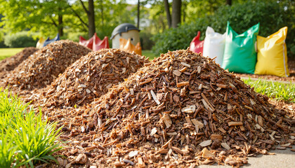 Wood chips piles in a vibrant garden setting with colorful bags for landscaping and renovation