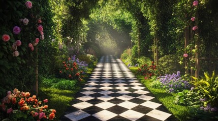 Beautiful garden pathway surrounded by vibrant flowers under soft morning light
