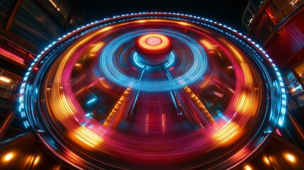 Spinning carnival ride at night, city backdrop