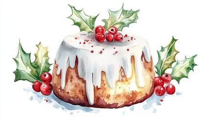 Delicious festive pudding decorated with holly and berries ready for holiday celebrations