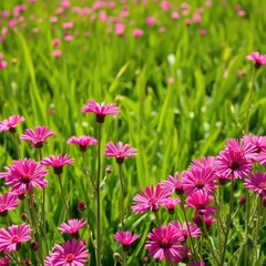Obraz premium Pink dianthus flowers in a field with lush green grass and sunshine, garden, flowers