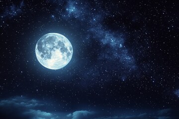 Obraz premium Stunning full moon shining brightly in a starry night sky over dark clouds